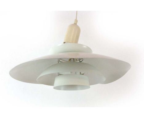 A Danish white enamelled four-tier ceiling light in the manner of Louis Poulsen CONDITION REPORT: Significant dent to one sid