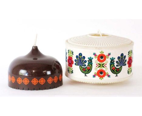 A 1970's brown and floral ceiling light together with a fabric and perspex light
