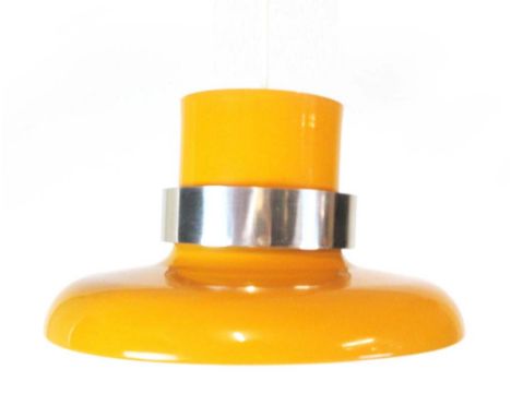 A 1970's yellow enamelled pendant ceiling light with an aluminum band CONDITION REPORT: Wear and discolouration. Working orde