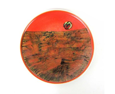 Attributed to Tony Morris, a 1962-1964 Poole Studio pottery charger decorated with a sunset on an orange ground, d. 35 cm CON