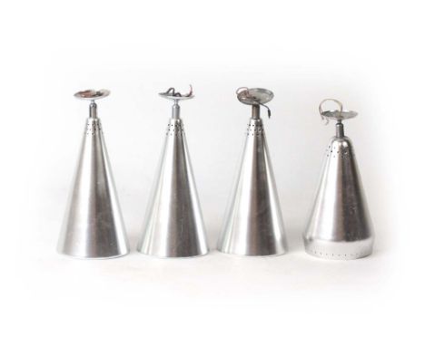 A set of three 1950's stainless steel and pierce work ceiling lights of conical form by Courtney Pope Lighting Ltd., together