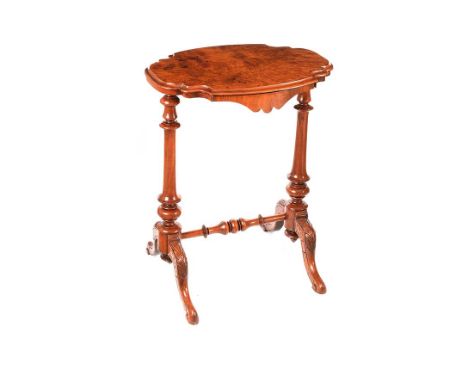 VICTORIAN WALNUT SHAPED TOP LAMP TABLE FITTED WITH BRUSH SLIDE. RAISED ON FOUR CABRIOLE LEGS. HEIGHT: 22 INCHES.WIDTH: 22 INC