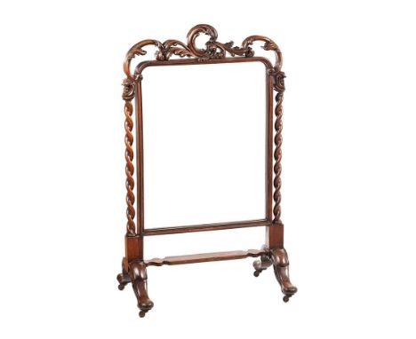 VICTORIAN CARVED ROSEWOOD FIRE SCREEN WITH GLASS PANEL. HEIGHT: 43 INCHES.WIDTH: 25 INCHES.DEPTH OF STAND: 15 INCHES.IN GOOD 