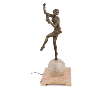 1930s Art Deco table lamp with plated dancing female figure holding puppet figure on moulded glass ball shade on marble base 