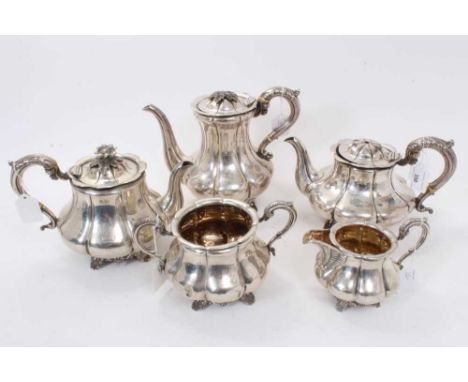 Victorian silver five piece silver teaset, comprising 2 teapots of fluted baluster form, with hinged domed cover and flower h