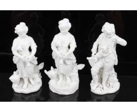 A pair of Derby bisque figures of a barefooted boy and girl, late 18th/early 19th century, the boy playing with a dog and the