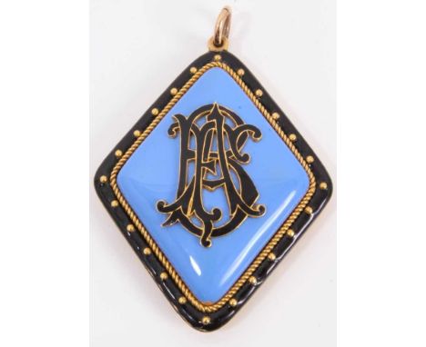 Victorian gold and enamel mourning pendant with applied black enamel monogram on lavender blue ground with black enamel borde