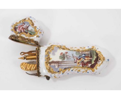 Fine 18th century Continental enamel étui, of cartouche form, the base finely enamelled with classical figural reserves emble