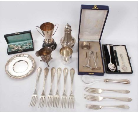 Pair of George III silver table forks, (Dublin 1803), together with other silver flatware, silver cream jug and other silver 