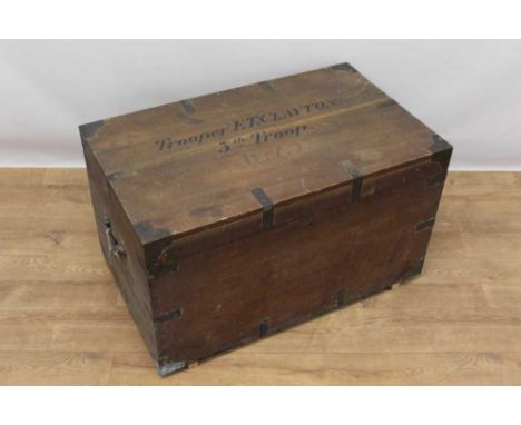 19th century brass mounted oak military trunk, the top stencilled Trooper F T Clayton, 5th Troop, with flanking carrying hand