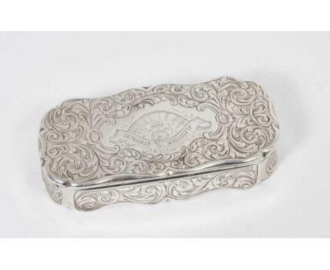 Victorian silver snuff box of shaped rectangular form, with engraved foliate decoration and hinged cover, engraved Alexander 