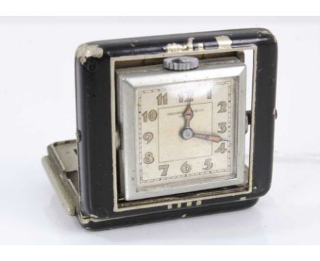 Art Deco Record Watch Co. travel clock/pocket watch in black enamel/painted case, 40mm x 32mm.