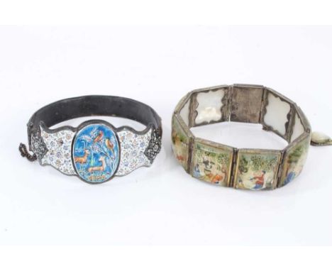 Antique Persian enamel bangle and a Persian mother of pearl bracelet with polychrome painted decoration (2)