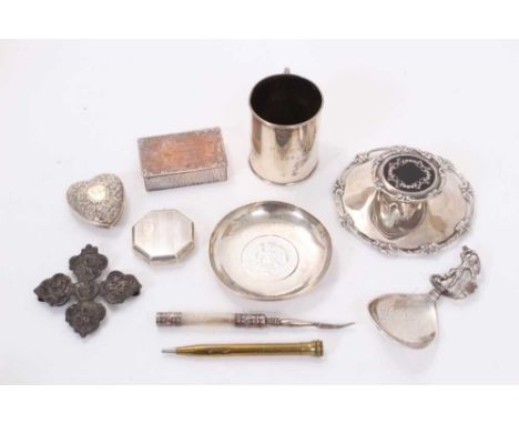 Victorian silver buckle , silver inkwell, heart-shaped pill box and other silver and plated items