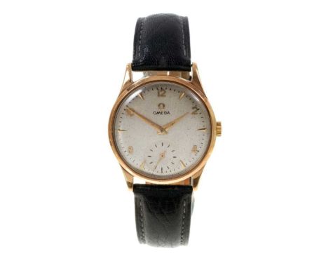 1950s gentlemen's Omega 9ct gold wristwatch with silvered dial, subsidiary seconds, gilt numerals and dagger hands on leather