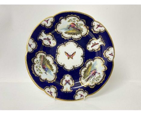 Fine Flight, Barr and Barr Worcester plate, painted with birds and insects, on a blue scale ground, circa 1813-1815, red prin