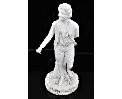 A Derby bisque figure of a gardener, late 18th/early 19th century, shown standing on a scrollwork base, incised model number 