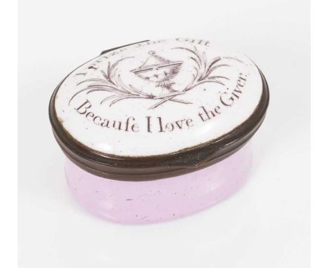 A South Staffordshire enamel patch box – ‘I prize the gift because I love the giver’, circa 1800, of oval cushion form, 4.5cm