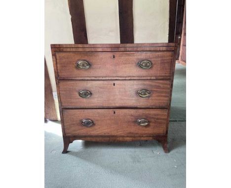 George III mahogany chest of three long drawers with oval brass handles, on splayed bracket feet, 84cm wide x 46cm deep x 86c