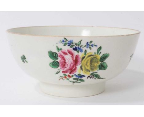 An 18th century Worcester porcelain bowl, polychrome painted with floral sprays, 16cm diameterSome enamel and glaze scratchin