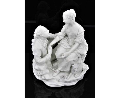 A rare Derby bisque group of the Alpine Sherpherdess, late 18th century, after a model by Etienne-Maurice Falconet, the sheph