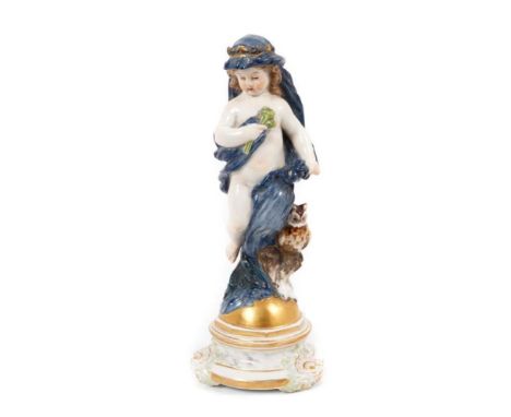 A Meissen porcelain figure, emblematic of night, modelled as putti wearing a dark cloak with star head band and owl seated be