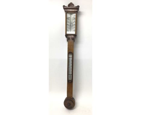 Victorian stick barometer with stencilled opaque glass dials in oak case 100cm high