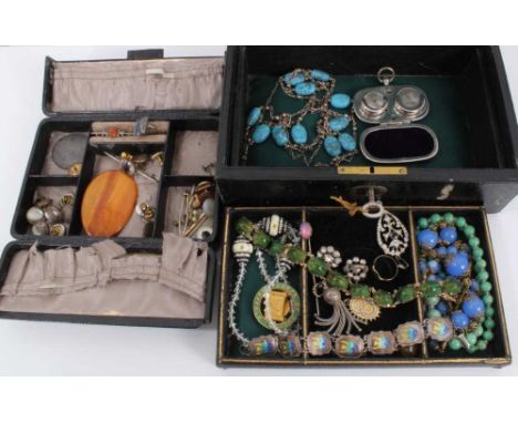 Two antique jewellery boxes containing a collection of antique and vintage jewellery and bijouterie to include a scarab beetl