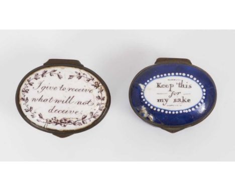 Two South Staffordshire enamel patch boxes with inscriptions, circa 1800, both approximately 4cm wideProvenance: property fro