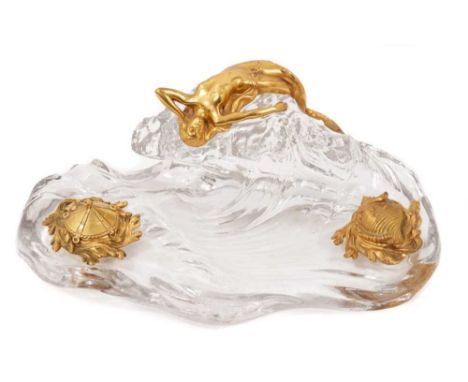 Fine late 19th/early 20th century ormolu mounted and moulded glass desk stand with mermaid amidst waves and twin lidded inkwe