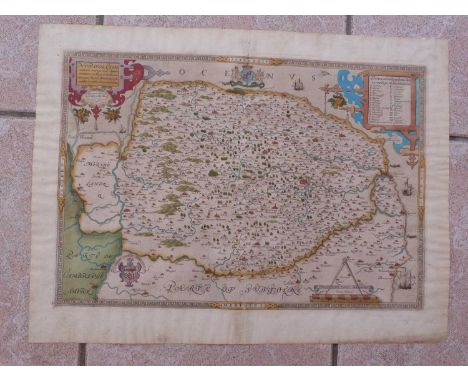 Saxton Christopher: Very rare 1574 hand-coloured engraved map of Norfolk, the first map ever produced of Norfolk and believed