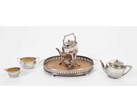 Edwardian silver miniature tea set, comprising teapot of half fluted form, sugar, cream jug and spirit kettle on stand, toget