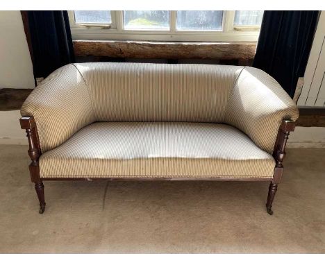 Late 19th century inlaid mahogany framed upholstered sofa, on turned and fluted tapered legs terminating on castors, 157cm wi