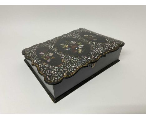 Victorian papier mâché writing slope with painted floral and mother of pearl decoration fitted interior with inkwell and dip 