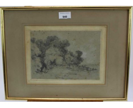 East Anglian School pencil drawing - trees in landscape with a gate, unsigned, in glazed gilt frame, 16.5cm x 22.5cm (foxed).