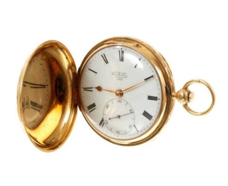 Fine William IV/ Victorian 18ct gold gentlemen's hunter pocket watch by James McCabe, with signed white enamel dial, signed f