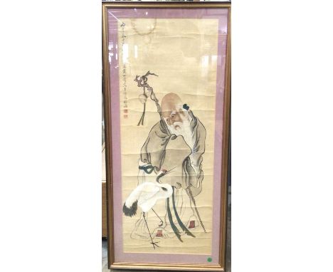 Antique Chinese watercolour scroll depicting Shoulou with crane, signed, in glazed gilt gilt frame, 116cm x 51cm overall, tog