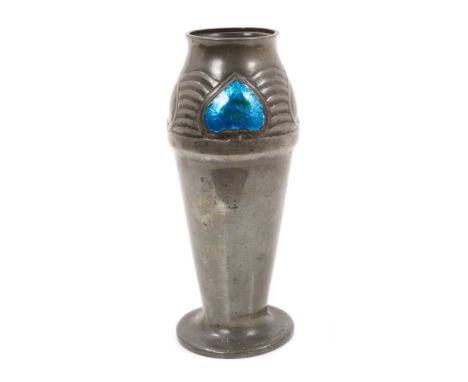 Archibald Knox for Liberty style pewter and cabochon enamel vase, shaped cylindrical form, stamped English Pewter 0251, 19cm 