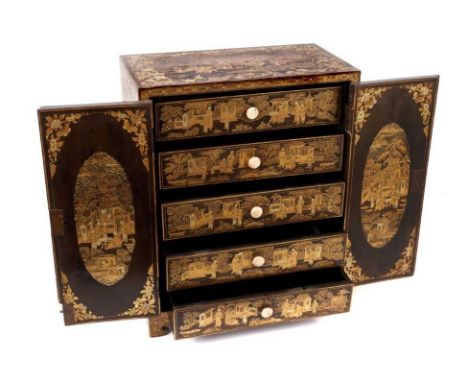 19th century Chinese lacquer table cabinet with gilt chinoiserie decoration and a pair of hinged doors opening to reveal five
