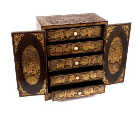 19th century Chinese lacquer table cabinet with gilt chinoiserie decoration and a pair of hinged doors opening to reveal five