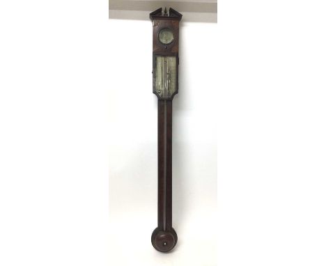 George III Irish stick barometer of unusual design, the silvered dial signed Joseph Donegan in inlaid mahogany case with brok