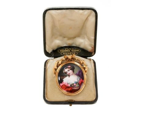 Fine 19th century Swiss gold and enamel brooch, the finely painted oval polychrome enamel plaque depicting a young lady with 