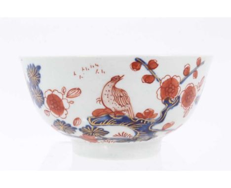 A Vauxhall round bowl, circa 1760-64, painted in the Chinese Imari style with birds and flowers, 10.5cm diameterSome gilt and