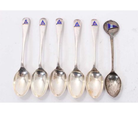Yachting interest - five George V silver Old English pattern teaspoons (Sheffield 1936) each with an enamel pennant of then B