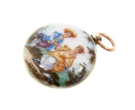 Antique continental silver and guilloché enamel vinaigrette of circular form, decorated with a courting couple, 30mm x 22mm.E