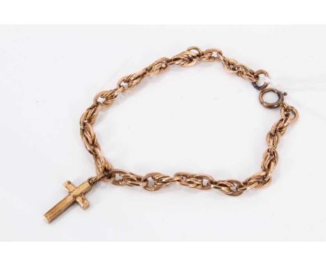 Vintage 9ct rose gold bracelet with cross pendant charm, 17.5cm.Gross weight approximately 13.1 grams.