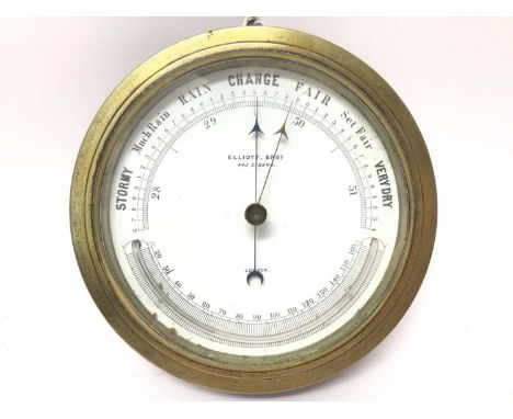 Victorian circular brass cased barometer thermometer by Elliott Bros. Strand, London, 15 cm diameter