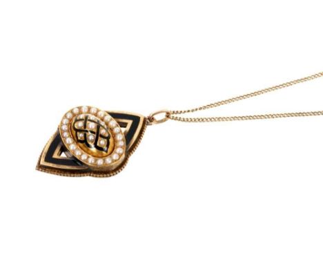 Victorian gold, seed pearl and black enamel pendant on 15ct gold trace chain. The pendant 45mm x 28mm.