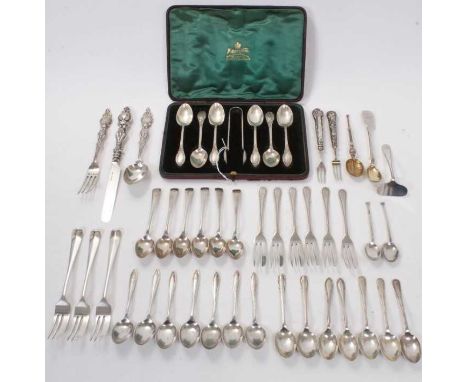 Selection of miscellaneous silver flatware, including tea spoons, cake forks, pickle forks and other items, together with a c