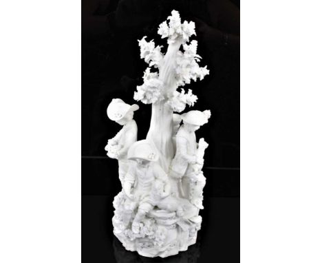 A rare Derby bisque group of figures and animals around a tree, late 18th/early 19th century, incised model number 334, 28cm 